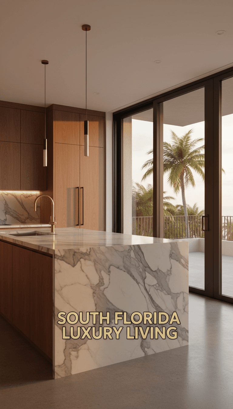 Luxury South Florida kitchen with bookmatched marble island, walnut millwork, brass fixtures, and floor-to-ceiling glass opening onto a palm-lined terrace at golden hour