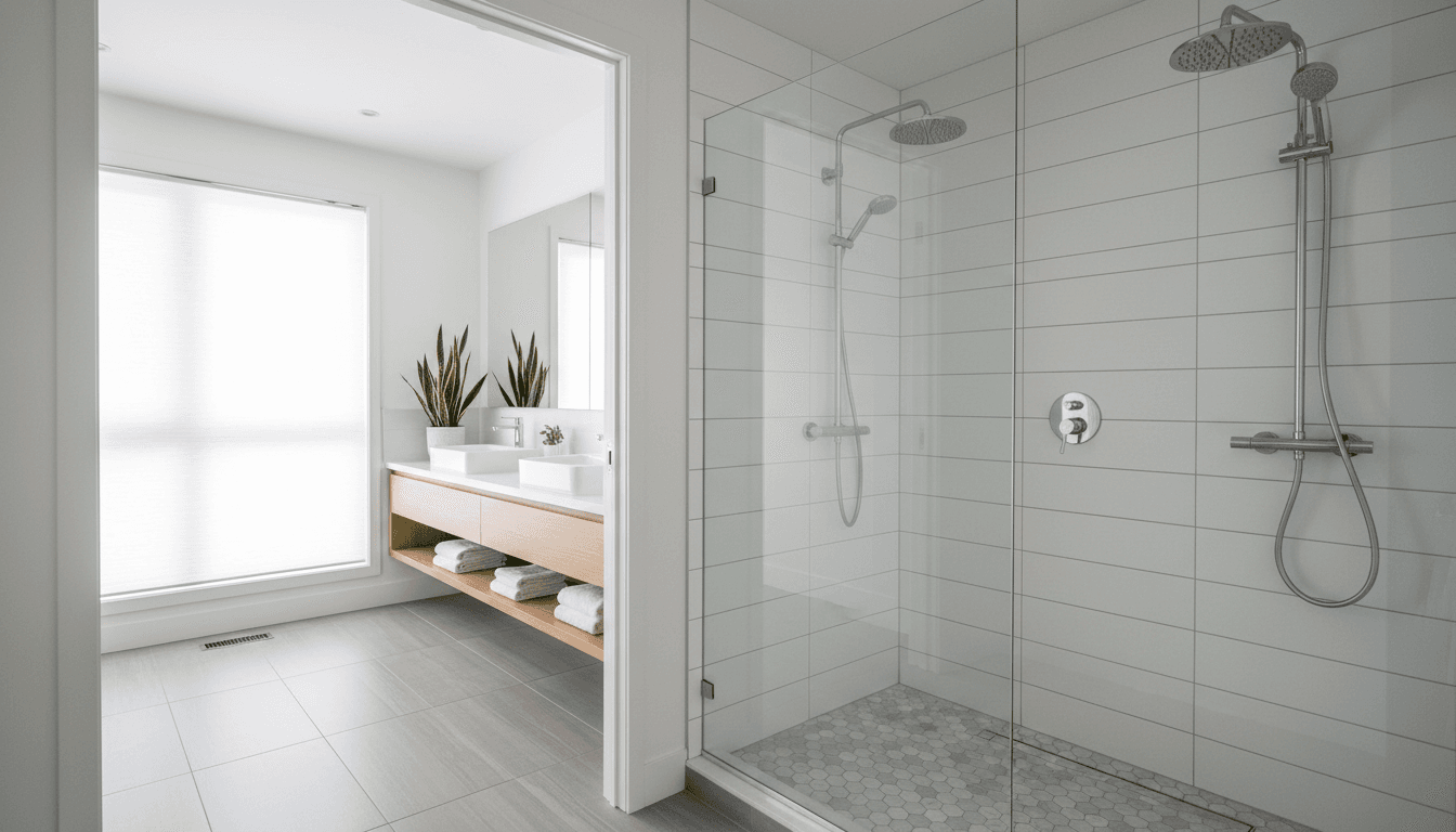 Bathroom remodel with walk-in shower and contemporary tile