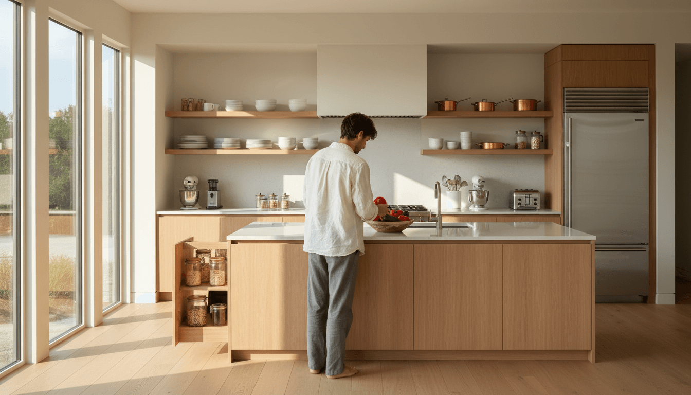 Photorealistic finished warm craftsman kitchen at golden hour with no text, no watermarks, and no overlaid words: white shaker cabinets, butcher-block island, copper pendant lights, honey oak floors, and a couple talking over coffee at the island; cinematic photography, empty countertops, uncluttered composition