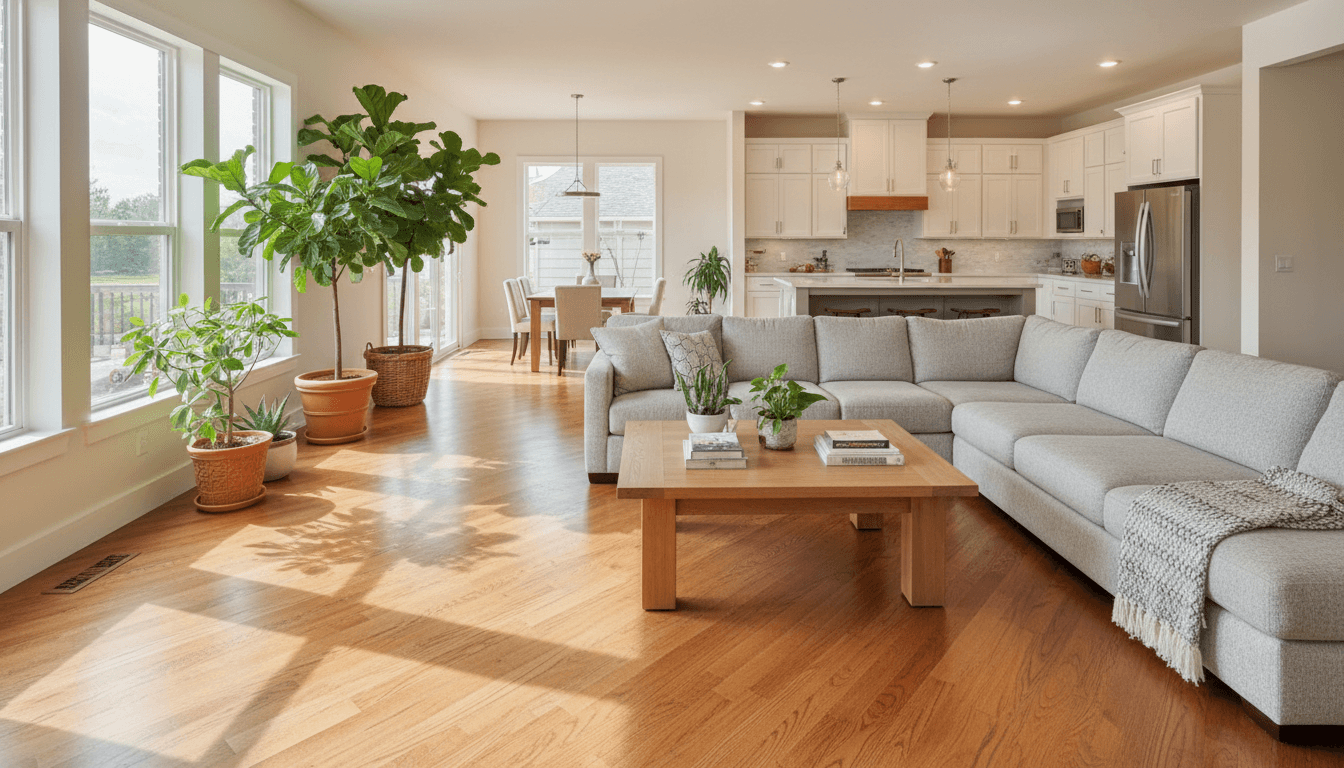 Contractor installing hardwood flooring in a sunny living room