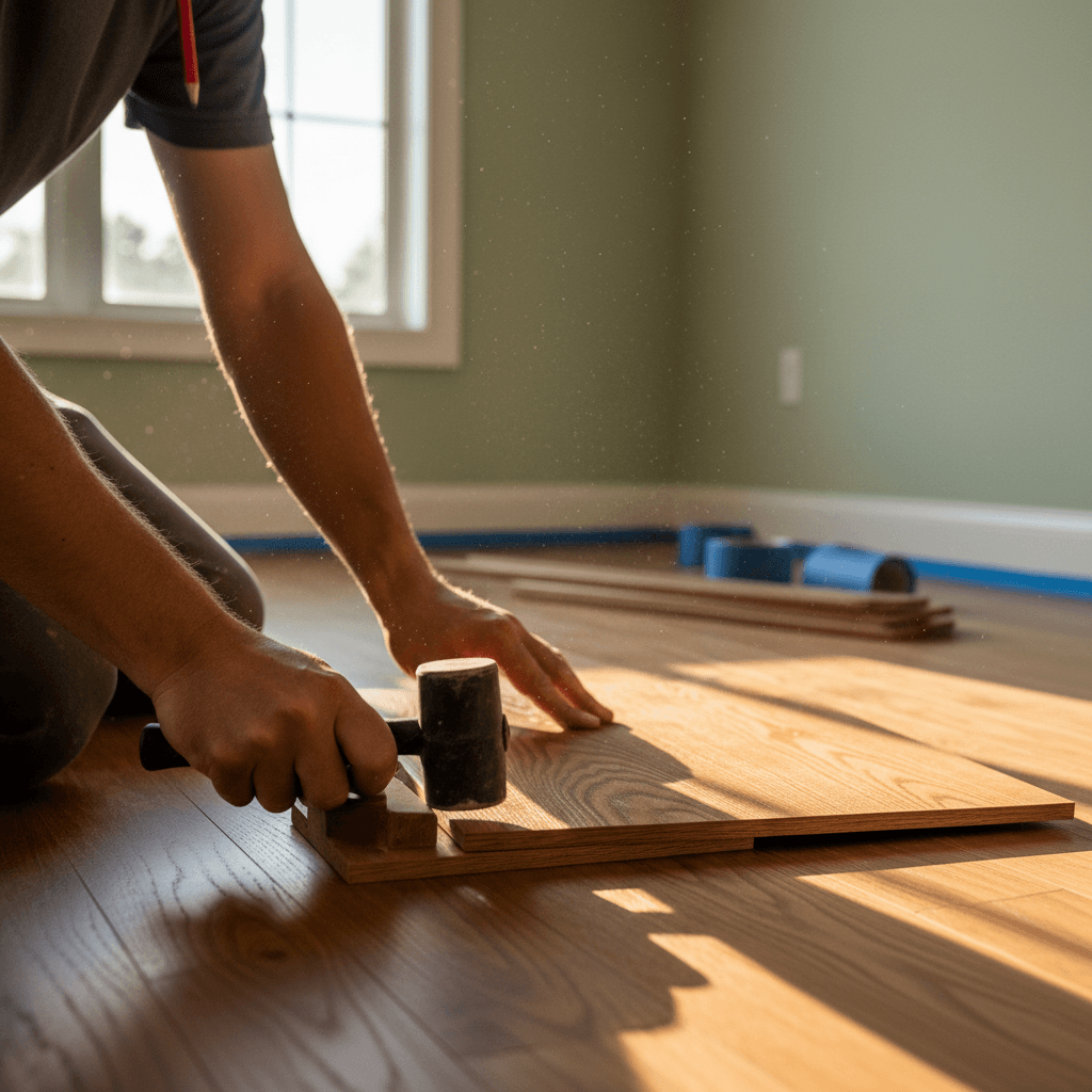Contractor installing hardwood flooring