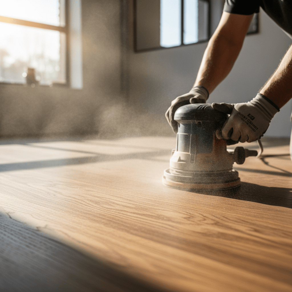 Close-up of a craftsman laying wide-plank white oak flooring in a sunlit living room, knee pads and mallet, dust motes in the light