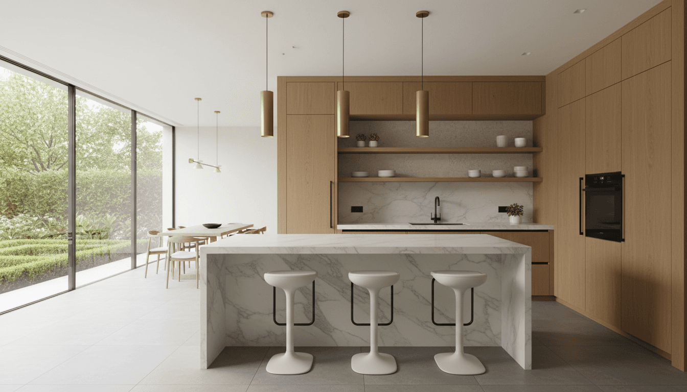Stunning modern luxury kitchen with slab walnut island, honed Calacatta marble waterfall counters, integrated brass fixtures, floor-to-ceiling millwork, and warm evening light reflecting on polished stone floors