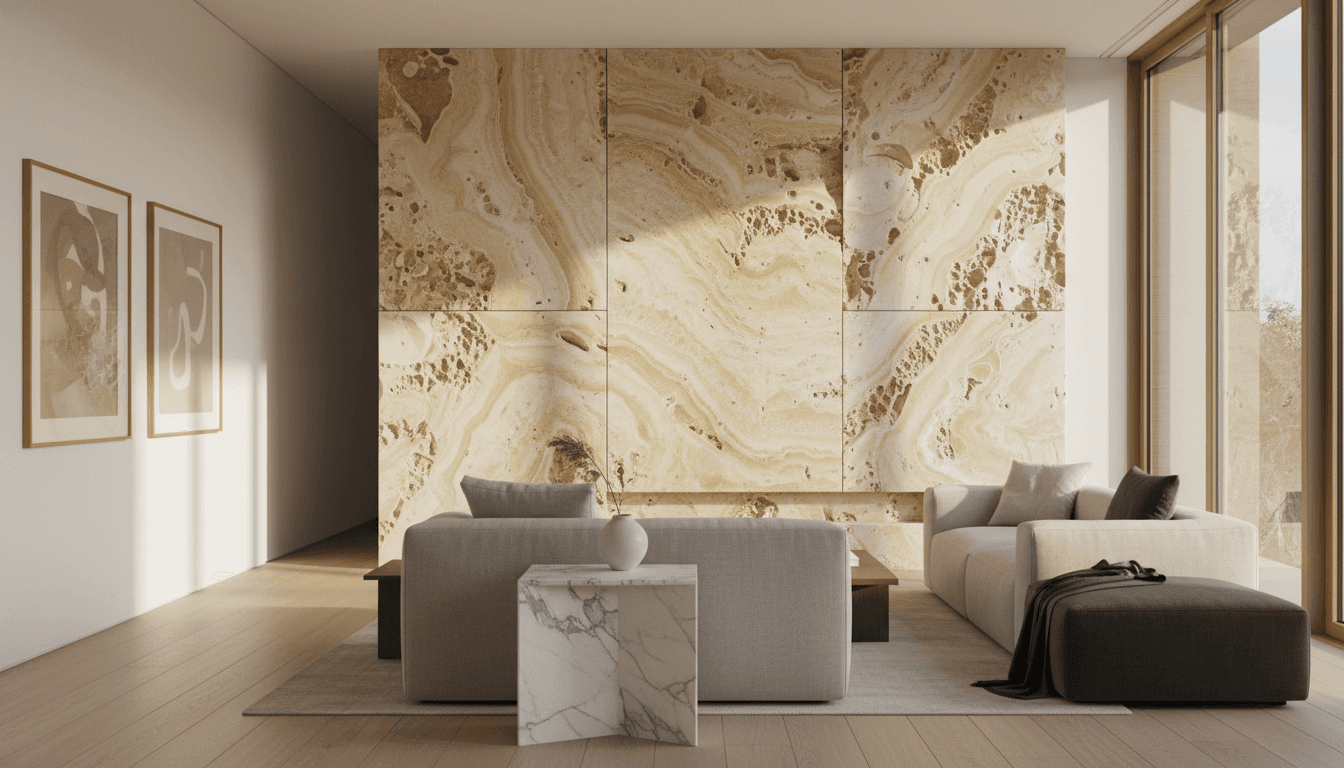 Elegant high-end interior flooring in natural stone and honed limestone, warm cove lighting grazing veined slabs, brass inlay thresholds, and premium matte finishes in a quiet luxury gallery hall