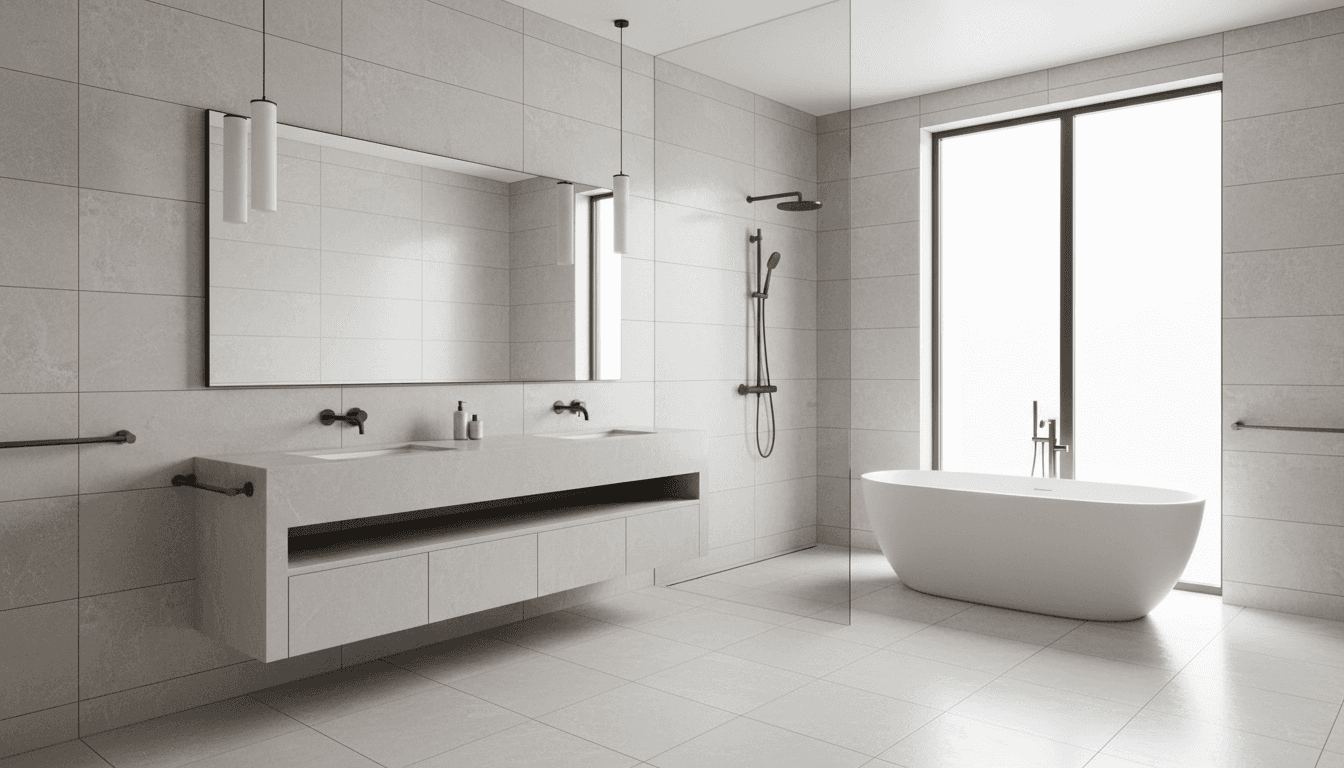 Stunning modern interior with large-format honed porcelain tile flooring in warm travertine tones, book-matched veining, floor-to-ceiling glass, a low marble coffee table, and museum lighting catching the stone's soft sheen