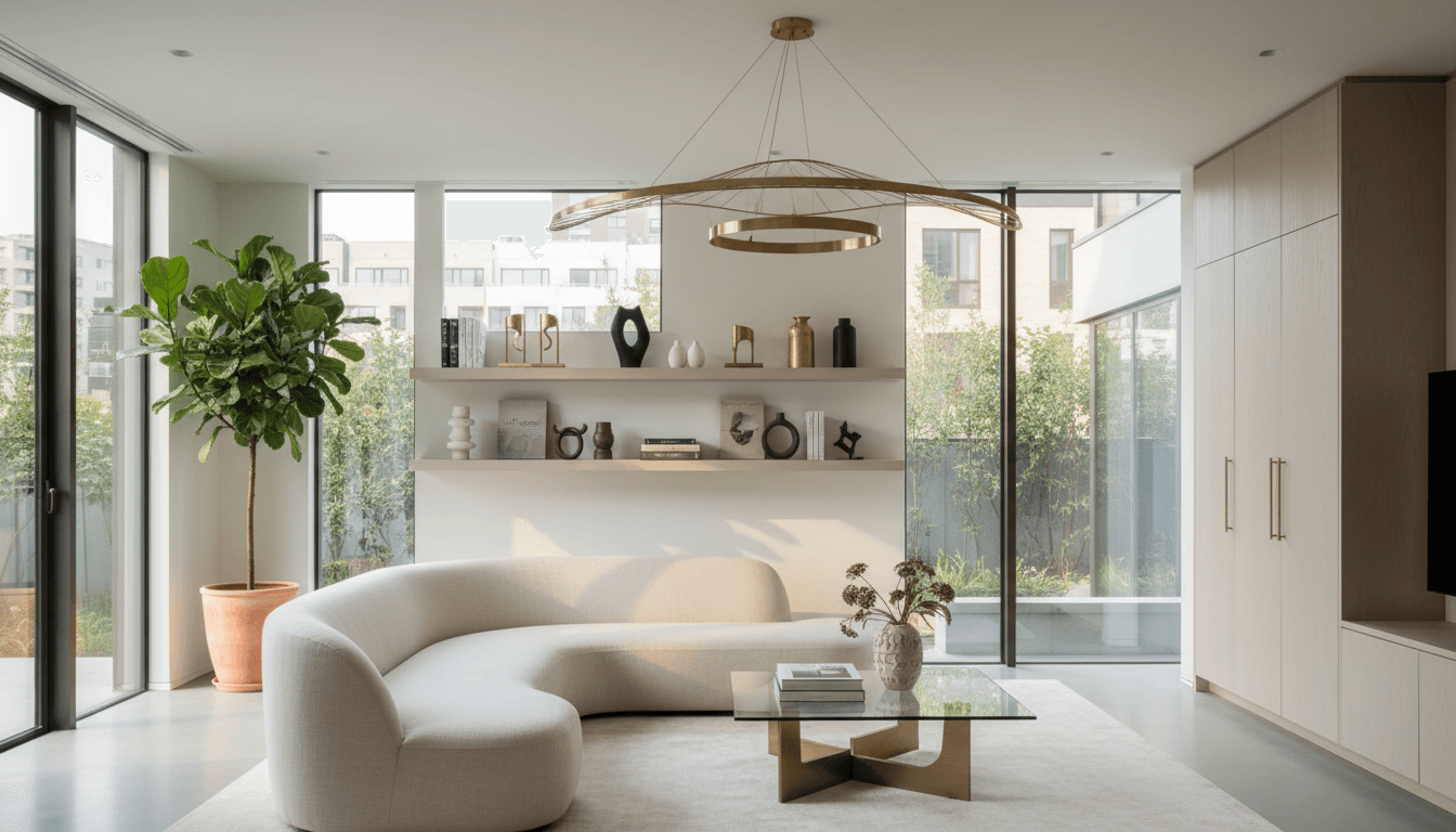 Luxurious living room with wide-plank European oak hardwood flooring in a honey-walnut stain, herringbone inset at the hearth, cream linen sofa, brass floor lamps, and late-afternoon sun raking across the grain