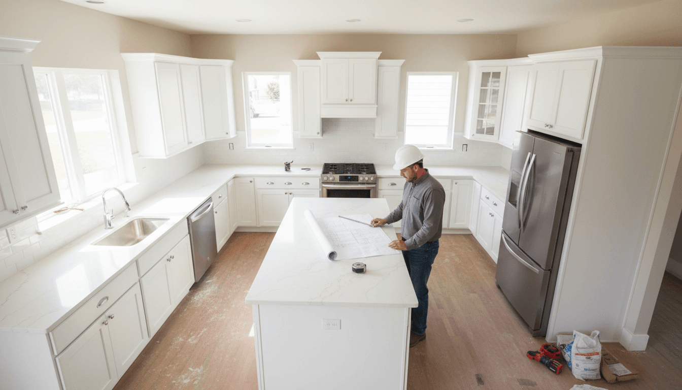 contractor showing homeowner kitchen renovation plans with countertop samples
