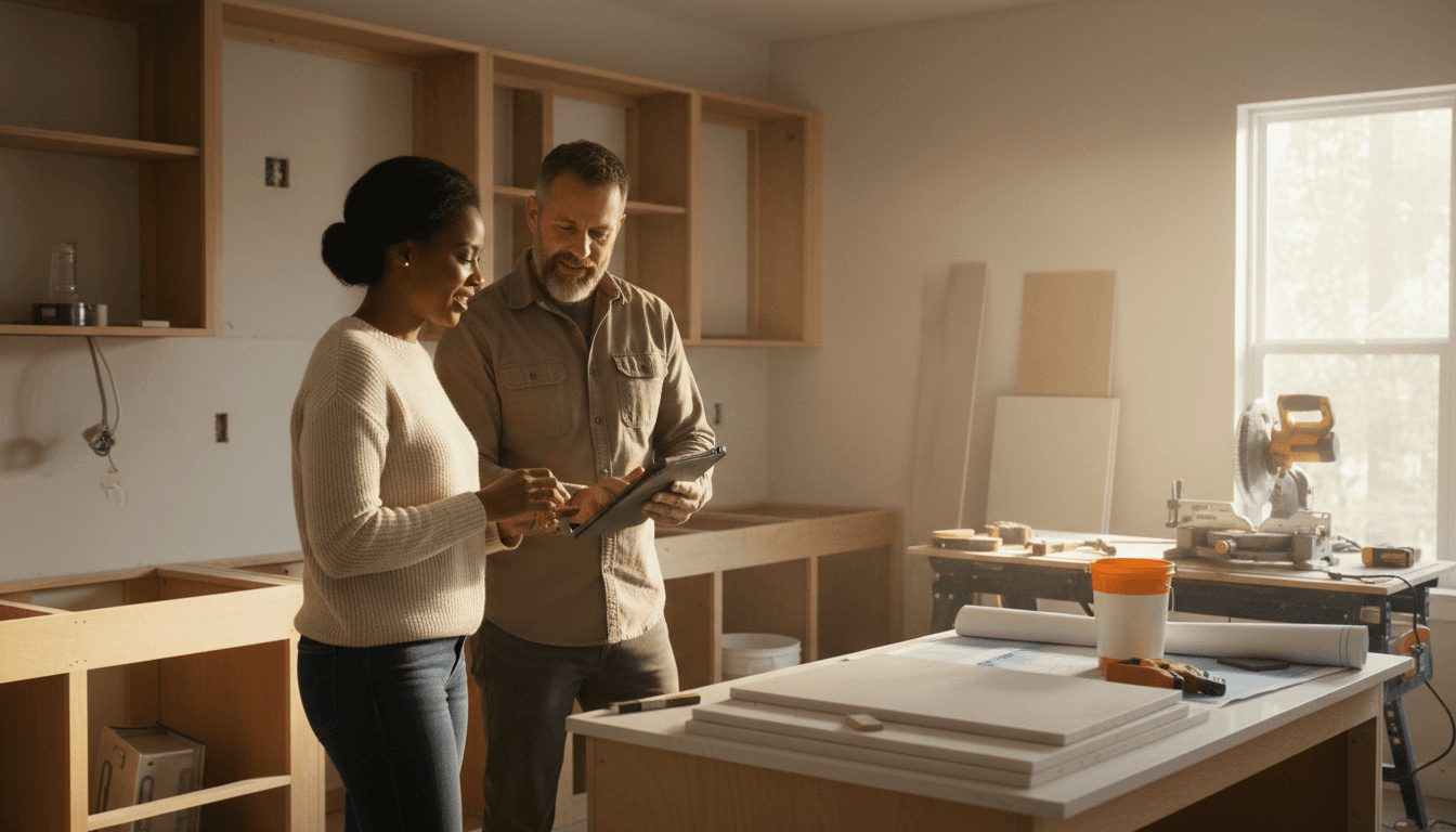 Homeowner reviewing kitchen remodel plans with a contractor