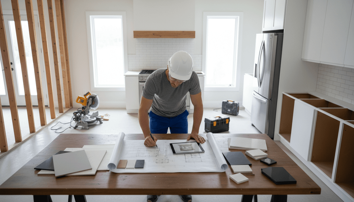 Contractor reviewing remodeling plans with a couple in their kitchen