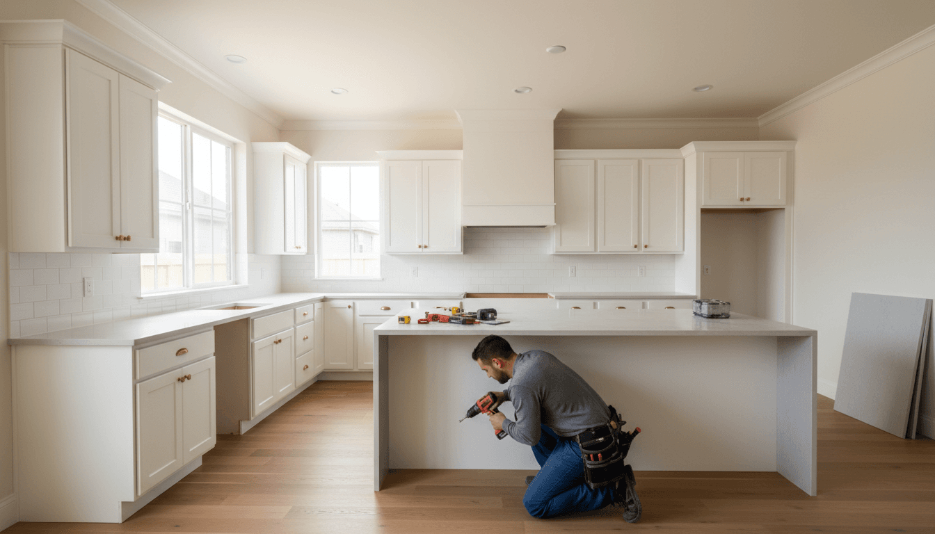 Warm craftsman kitchen after remodel: honey oak shaker cabinets, honed marble counters, brass hardware, and morning light on a farmhouse island with a bowl of citrus