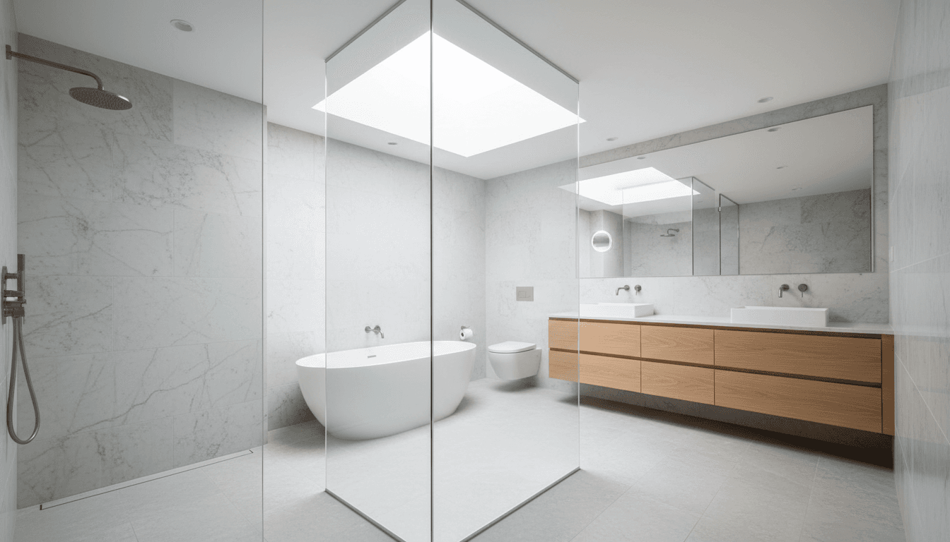 Elegant bathroom with glass walk-in shower and matte black fixtures